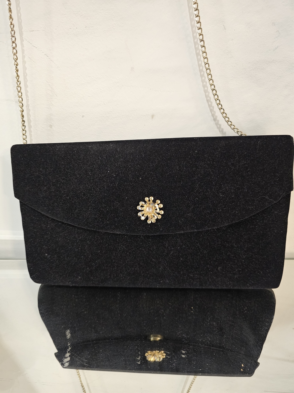 Vintage Gelmar Black Suede Crossbody Bag with Gold Chain and Jewel Accent